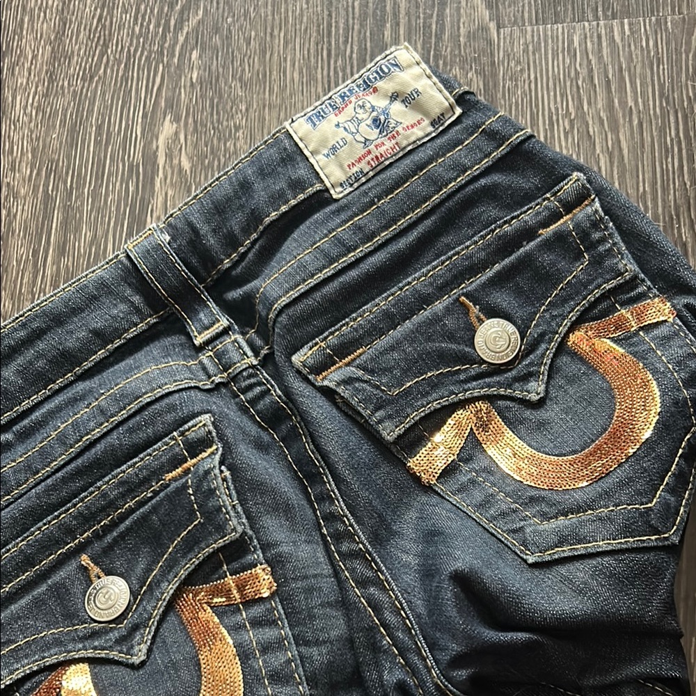 True Religion Blue Straight Leg Jeans with Contrast sequins